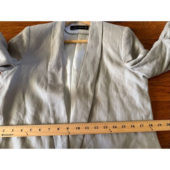 Zara Woman Beige Linen Blazer Jacket Women’s Size L – Ruched Sleeve Open Front - Picture 11 of 14